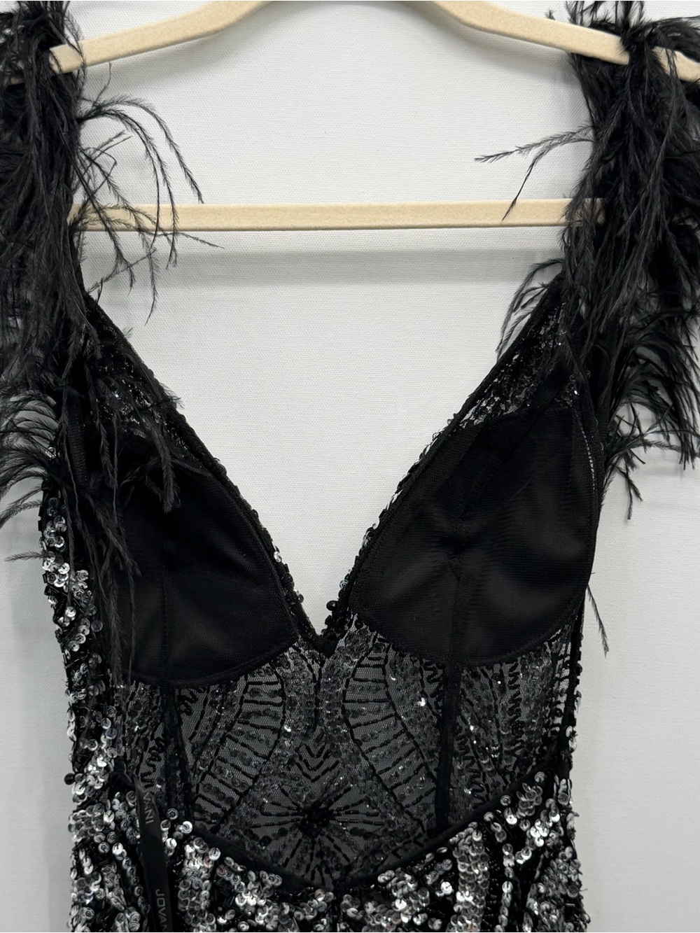 Jovani Sequin Beaded Mini Dress with Black Feather Straps - Picture 12 of 13